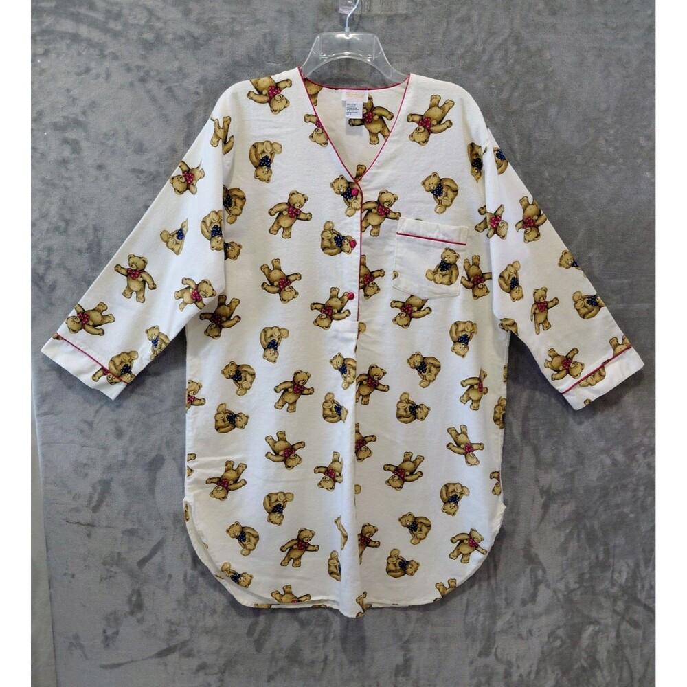 Barbizon Vintage Flannel Teddy Bear Sleepshirt Women's Medium Pajamas Pocket EUC